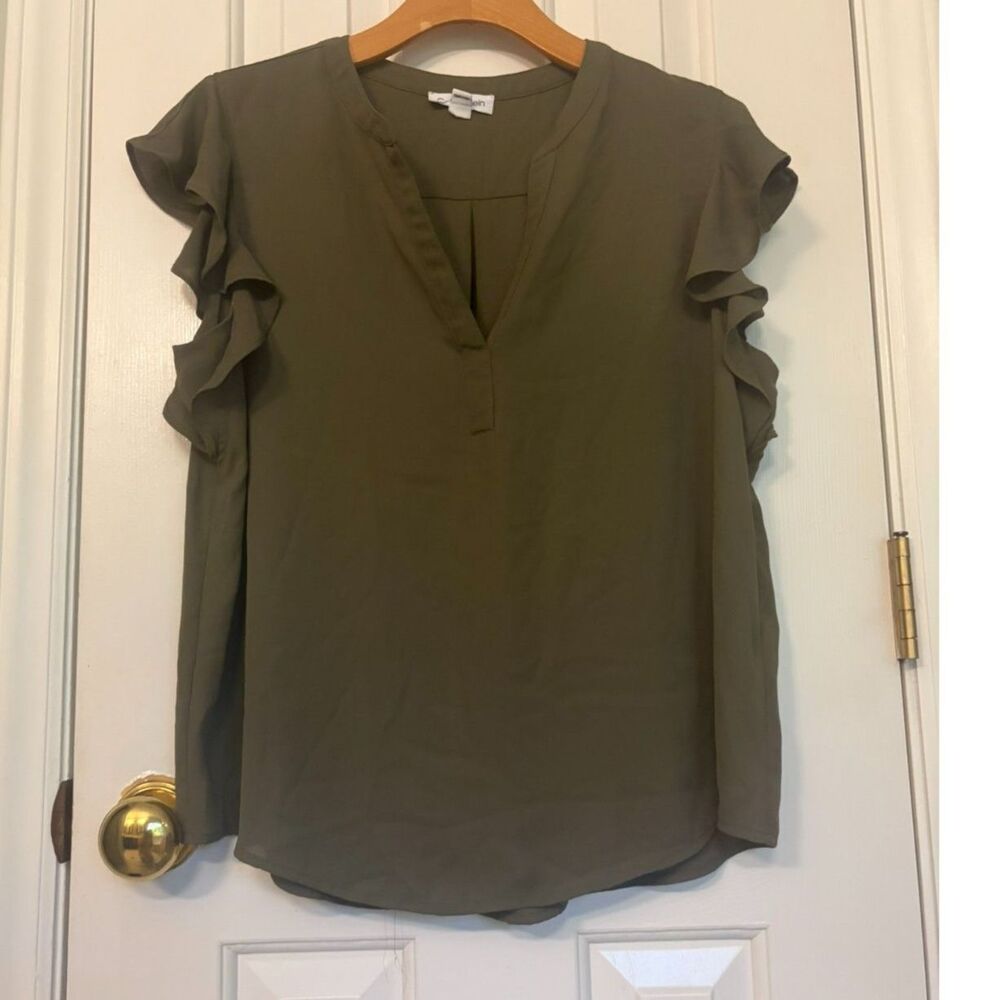 Calvin Klein Olive Green Flutter Sleeve Top V- Neck Ruffle Blouse Sz L